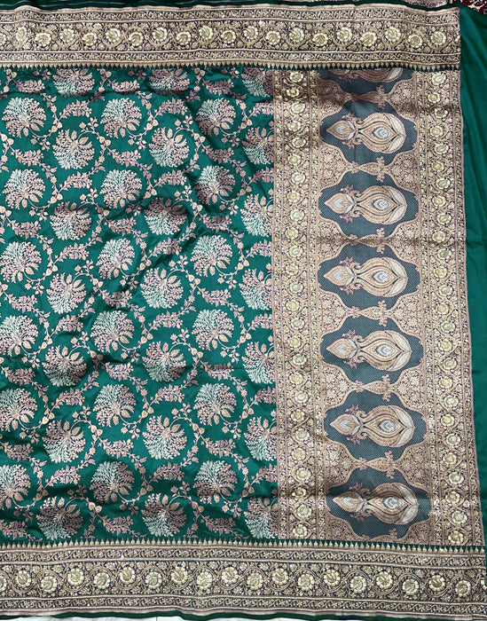German Green Pure Katan Banarasi Handloom Saree - With Sarowski and Zardozi Work