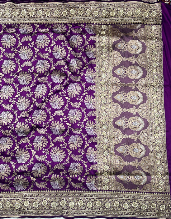 Purple Pure Katan Banarasi Handloom Saree - With Sarowski and Zardozi Work