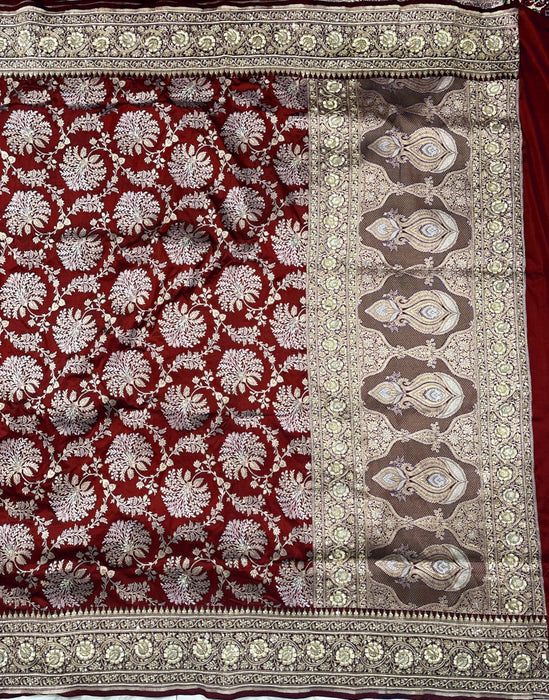 Maroon Pure Katan Banarasi Handloom Saree - With Sarowski and Zardozi Work