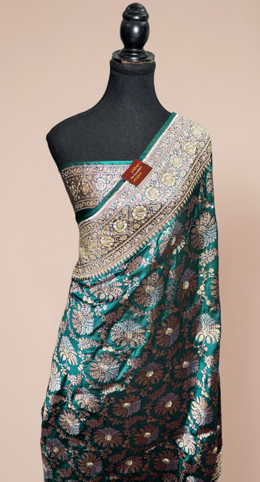 German Green Pure Katan Banarasi Handloom Saree - With Sarowski and Zardozi Work