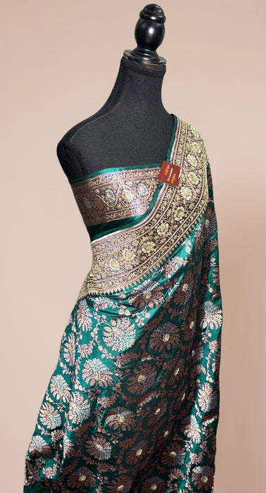 German Green Pure Katan Banarasi Handloom Saree - With Sarowski and Zardozi Work