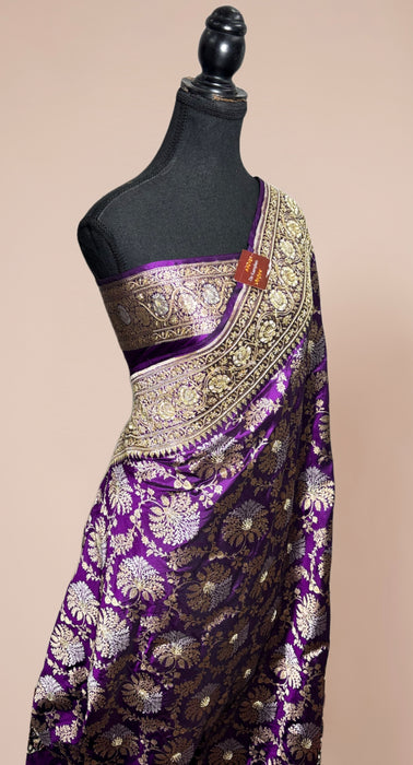 Purple Pure Katan Banarasi Handloom Saree - With Sarowski and Zardozi Work