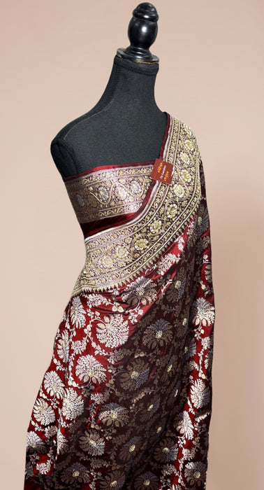 Maroon Pure Katan Banarasi Handloom Saree - With Sarowski and Zardozi Work