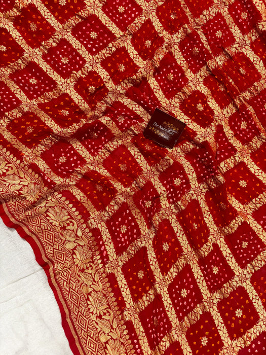 Red Pure Khaddi Georgette Bandhani Banarasi Saree