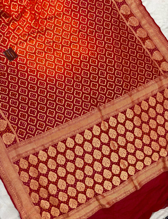 Orange Pure Khaddi Georgette Bandhani Banarasi Saree