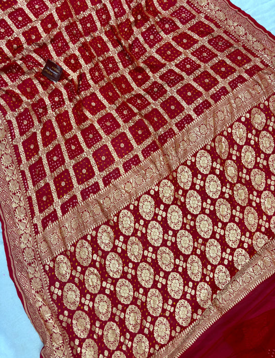 Red Pure Khaddi Georgette Bandhani Banarasi Saree