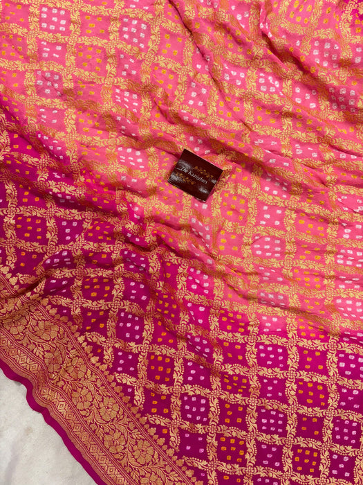 Pink Pure Khaddi Georgette Bandhani Banarasi Saree