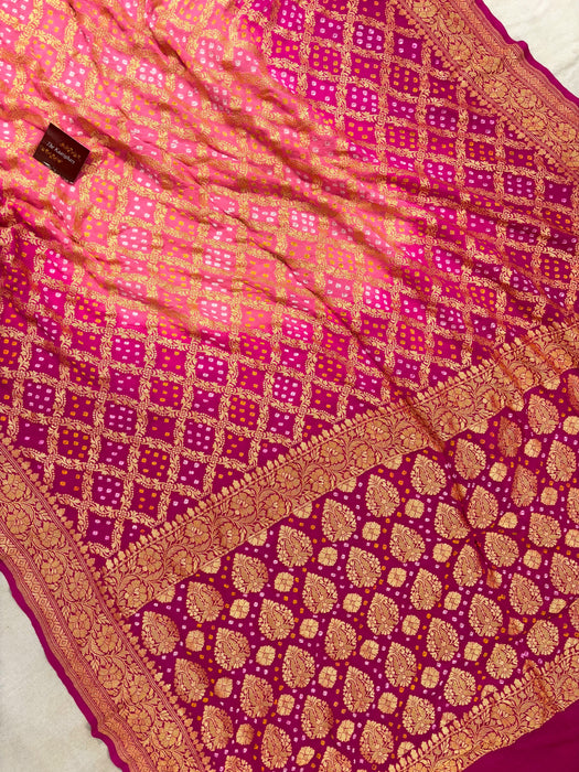 Pink Pure Khaddi Georgette Bandhani Banarasi Saree