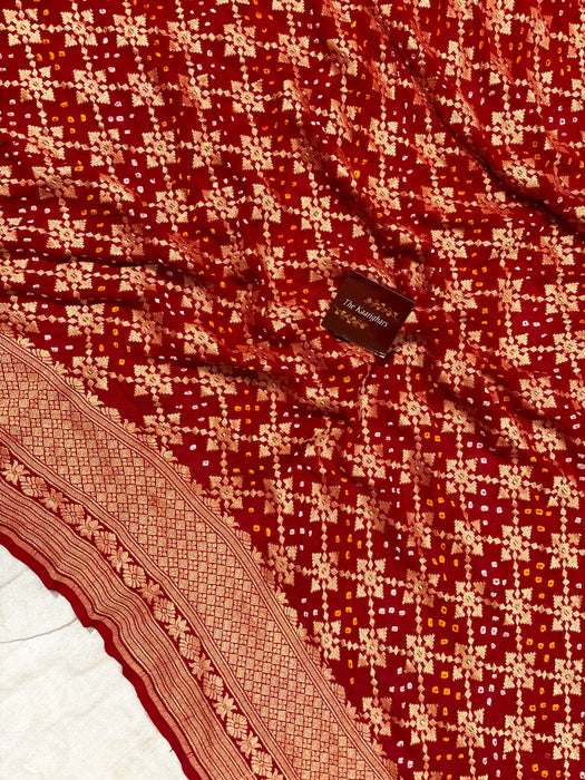 Red Pure Khaddi Georgette Bandhani Banarasi Saree
