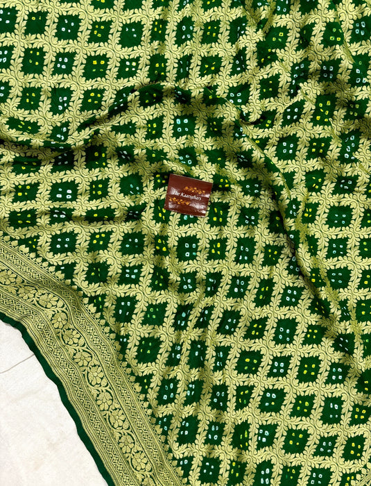 Green Pure Khaddi Georgette Bandhani Banarasi Saree