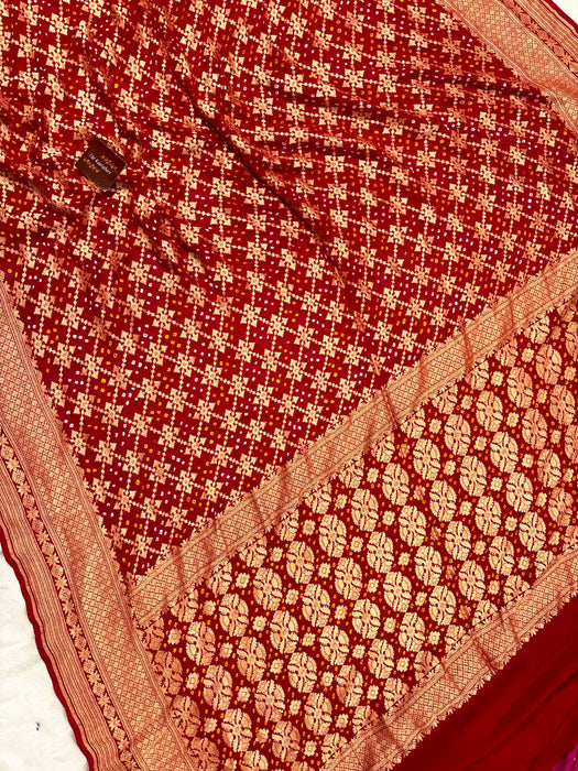 Red Pure Khaddi Georgette Bandhani Banarasi Saree