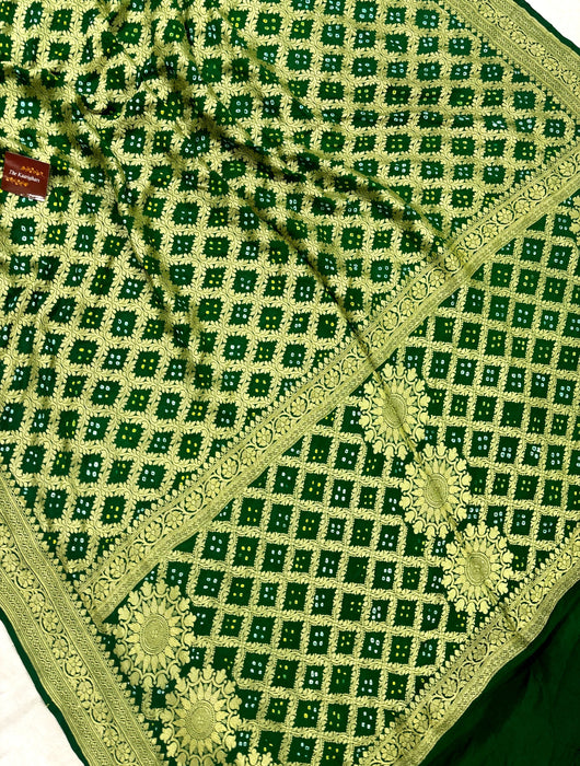 Green Pure Khaddi Georgette Bandhani Banarasi Saree