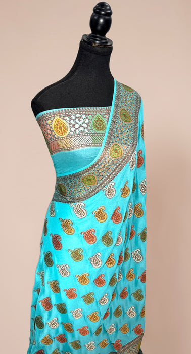 SkyBlue Pure Khaddi Chiffon Banarasi Saree