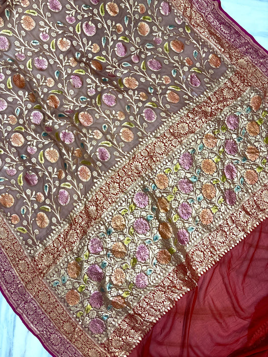Khaddi Georgette Banarasi Handloom Saree - Handfilled Meenakari