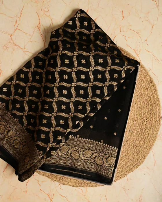 Black Khaddi Georgette Banarasi Handloom Saree - Antique Zari