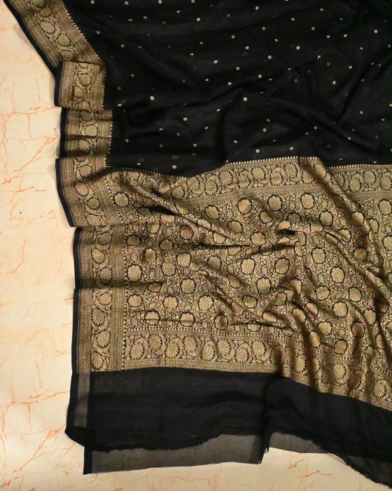 Black Khaddi Georgette Banarasi Handloom Saree - Antique Zari