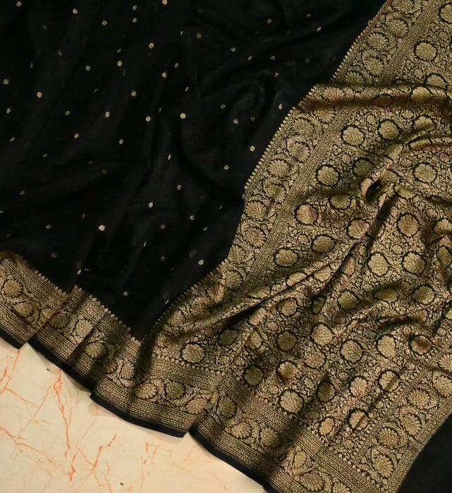 Black Khaddi Georgette Banarasi Handloom Saree - Antique Zari