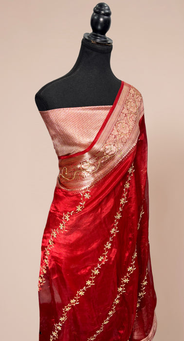 Red Pure Banarasi Tissue Handloom Saree - Handwork