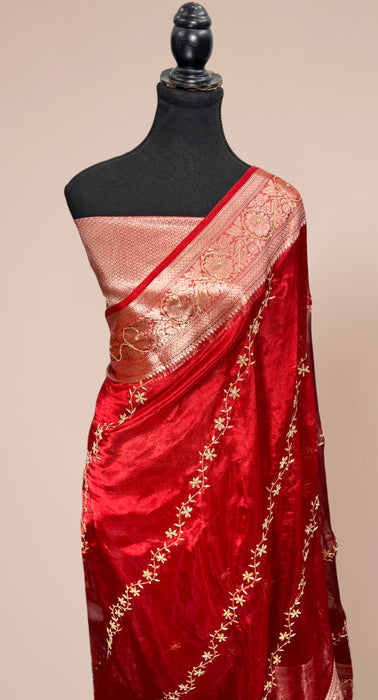 Red Pure Banarasi Tissue Handloom Saree - Handwork