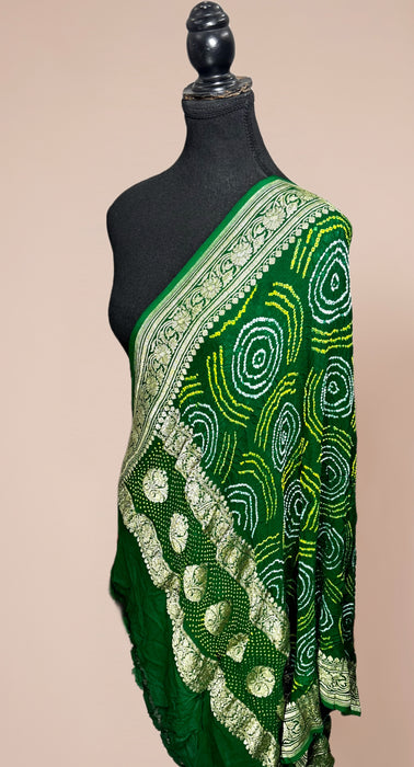 Green Pure Georgette Bandhani Banarasi Handloom Dupatta