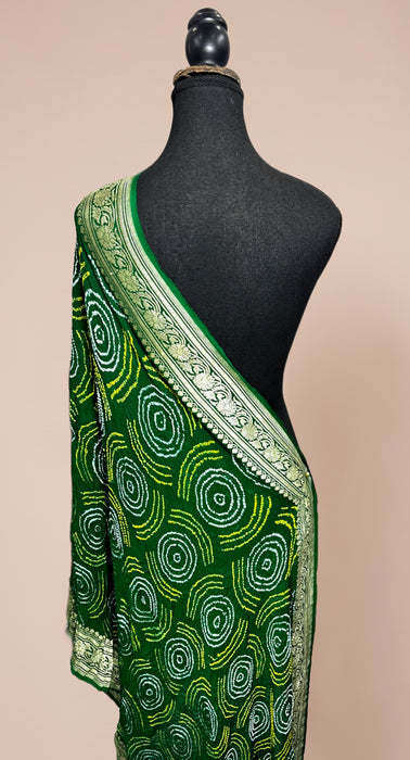 Green Pure Georgette Bandhani Banarasi Handloom Dupatta