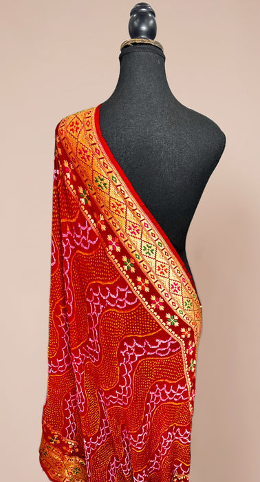 Red Pure Georgette Bandhani Banarasi Handloom Dupatta
