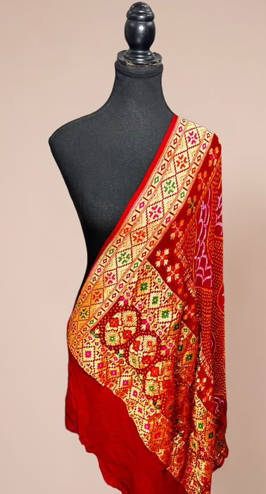 Red Pure Georgette Bandhani Banarasi Handloom Dupatta