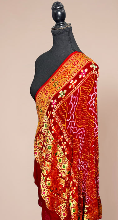 Red Pure Georgette Bandhani Banarasi Handloom Dupatta