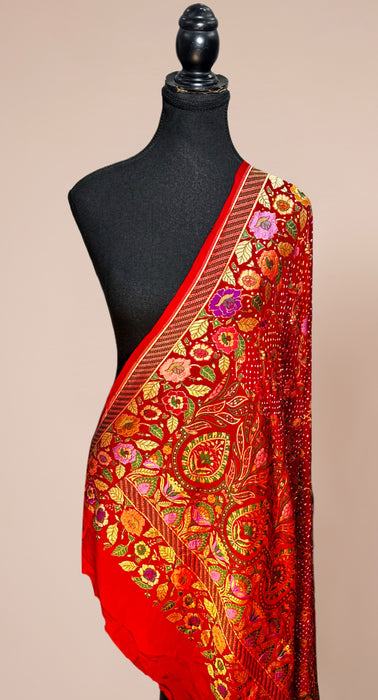Red Pure Georgette Bandhani Banarasi Handloom Dupatta