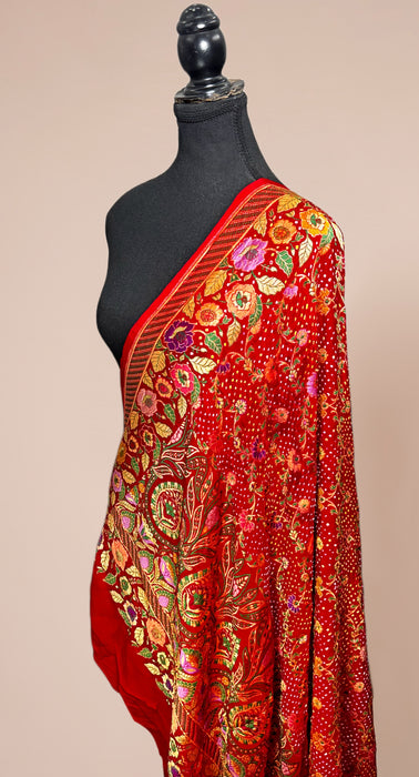 Red Pure Georgette Bandhani Banarasi Handloom Dupatta