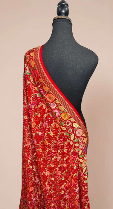 Red Pure Georgette Bandhani Banarasi Handloom Dupatta