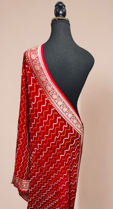 Red Pure Georgette Bandhani Banarasi Handloom Dupatta