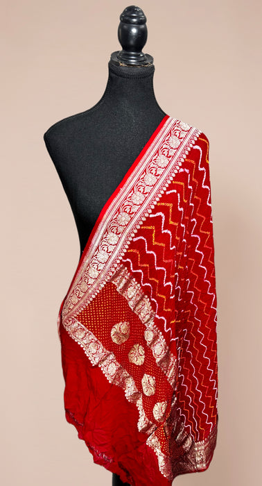 Red Pure Georgette Bandhani Banarasi Handloom Dupatta
