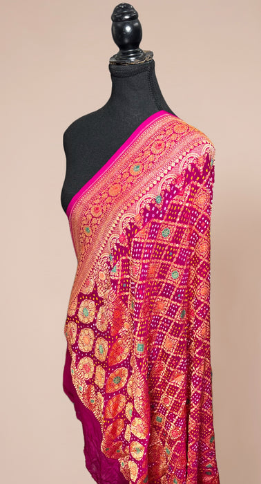 Rani Pure Georgette Bandhani Banarasi Handloom Dupatta