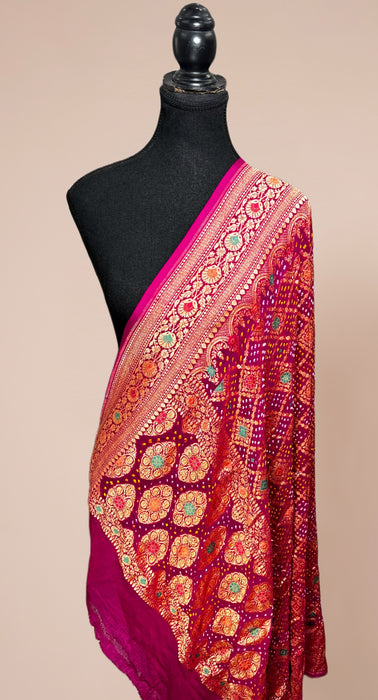 Rani Pure Georgette Bandhani Banarasi Handloom Dupatta