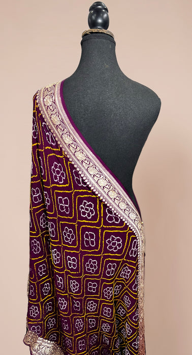 Wine Pure Georgette Bandhani Banarasi Handloom Dupatta