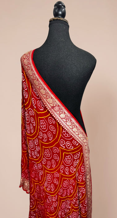 Red Pure Georgette Bandhani Banarasi Handloom Dupatta