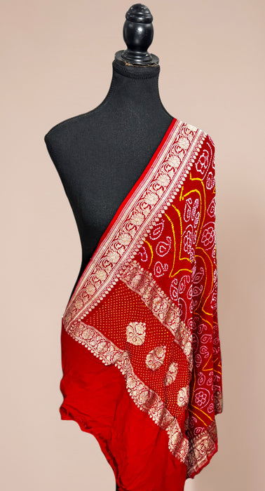 Red Pure Georgette Bandhani Banarasi Handloom Dupatta
