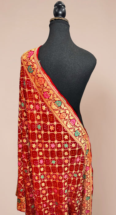 Red Pure Georgette Bandhani Banarasi Handloom Dupatta