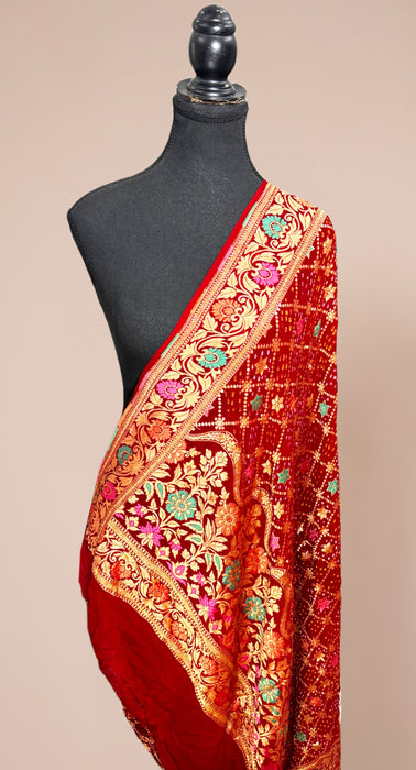 Red Pure Georgette Bandhani Banarasi Handloom Dupatta