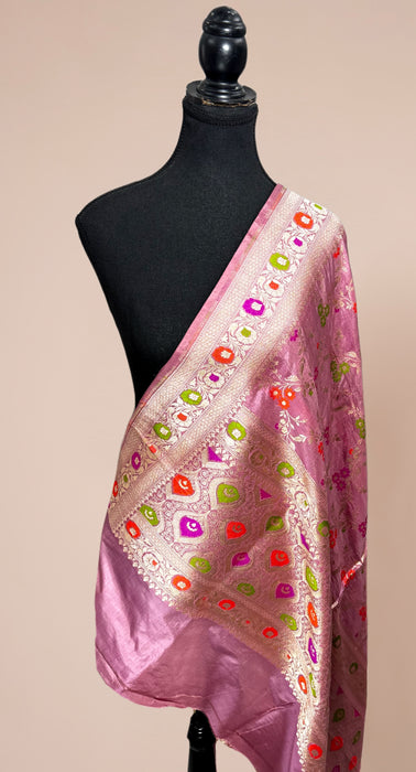 Onion Pink Pure Katan Silk Banarasi Handloom Dupatta - Meenakari