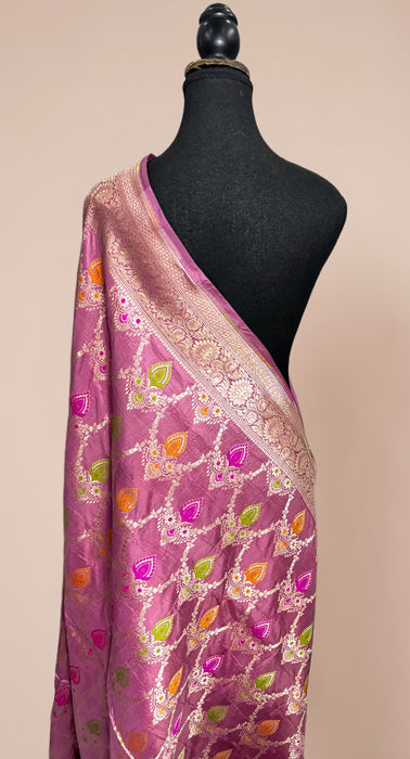 Onion Pink Pure Katan Silk Banarasi Handloom Dupatta - Meenakari