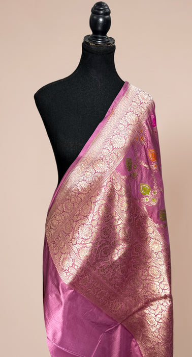 Onion Pink Pure Katan Silk Banarasi Handloom Dupatta - Meenakari