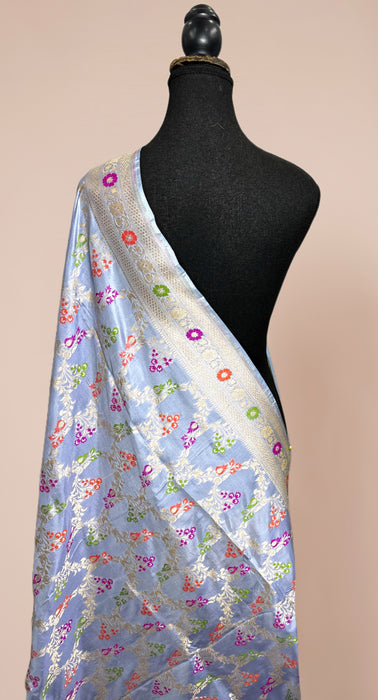 Powder Blue Pure Katan Silk Banarasi Handloom Dupatta - Meenakari