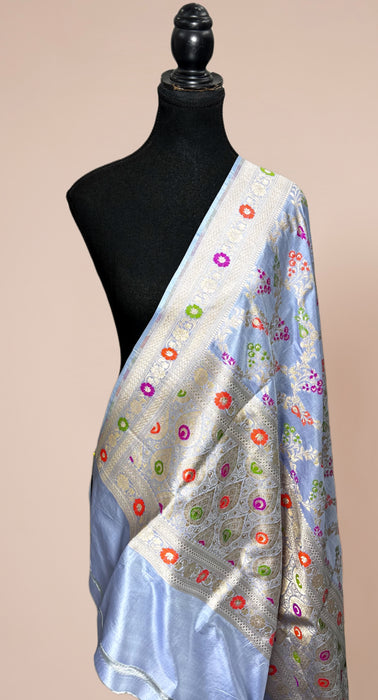 Powder Blue Pure Katan Silk Banarasi Handloom Dupatta - Meenakari