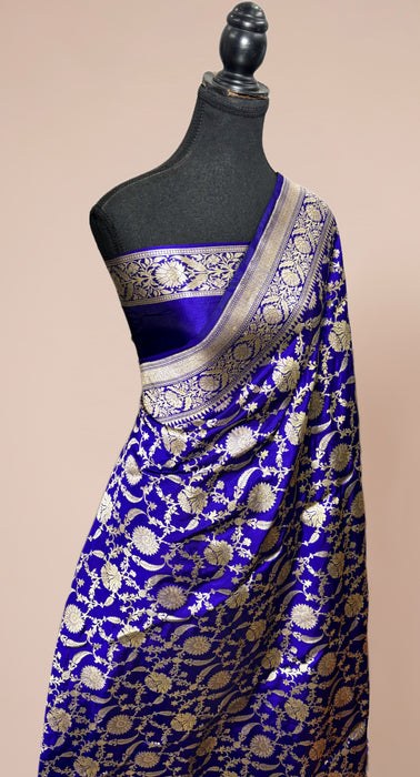 Royal Blue Pure Katan Silk Banarasi Handloom Saree - Jaal Work