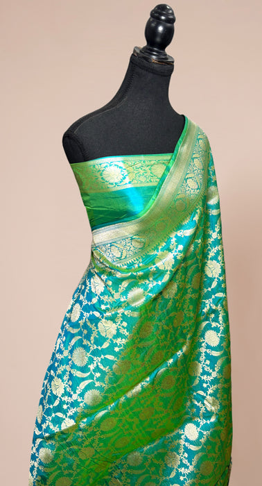 Dual Shade German Green Pure Katan Silk Banarasi Handloom Saree - Jaal Work