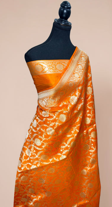 Orange Pure Katan Silk Banarasi Handloom Saree - Kadhwa Motifs