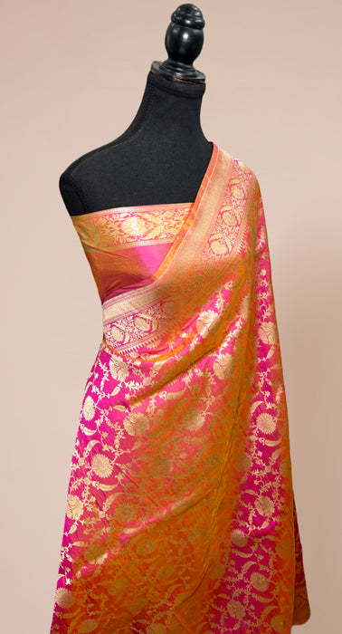 Dual tone Pink Pure Katan Silk Banarasi Handloom Saree - Jaal Work