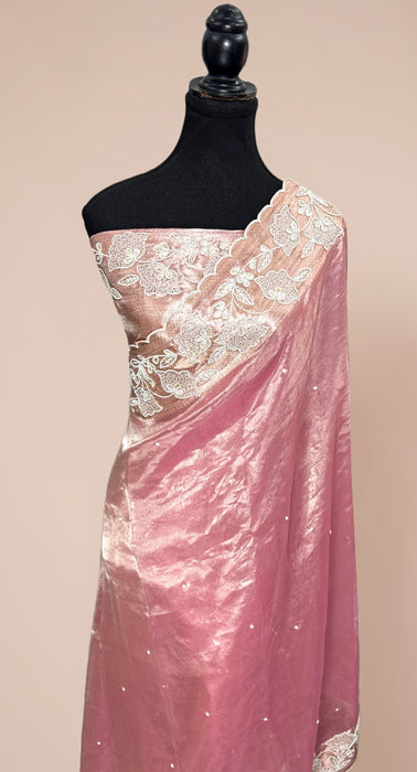 Pink Pure Banarasi Tissue Handloom Saree - Handwork